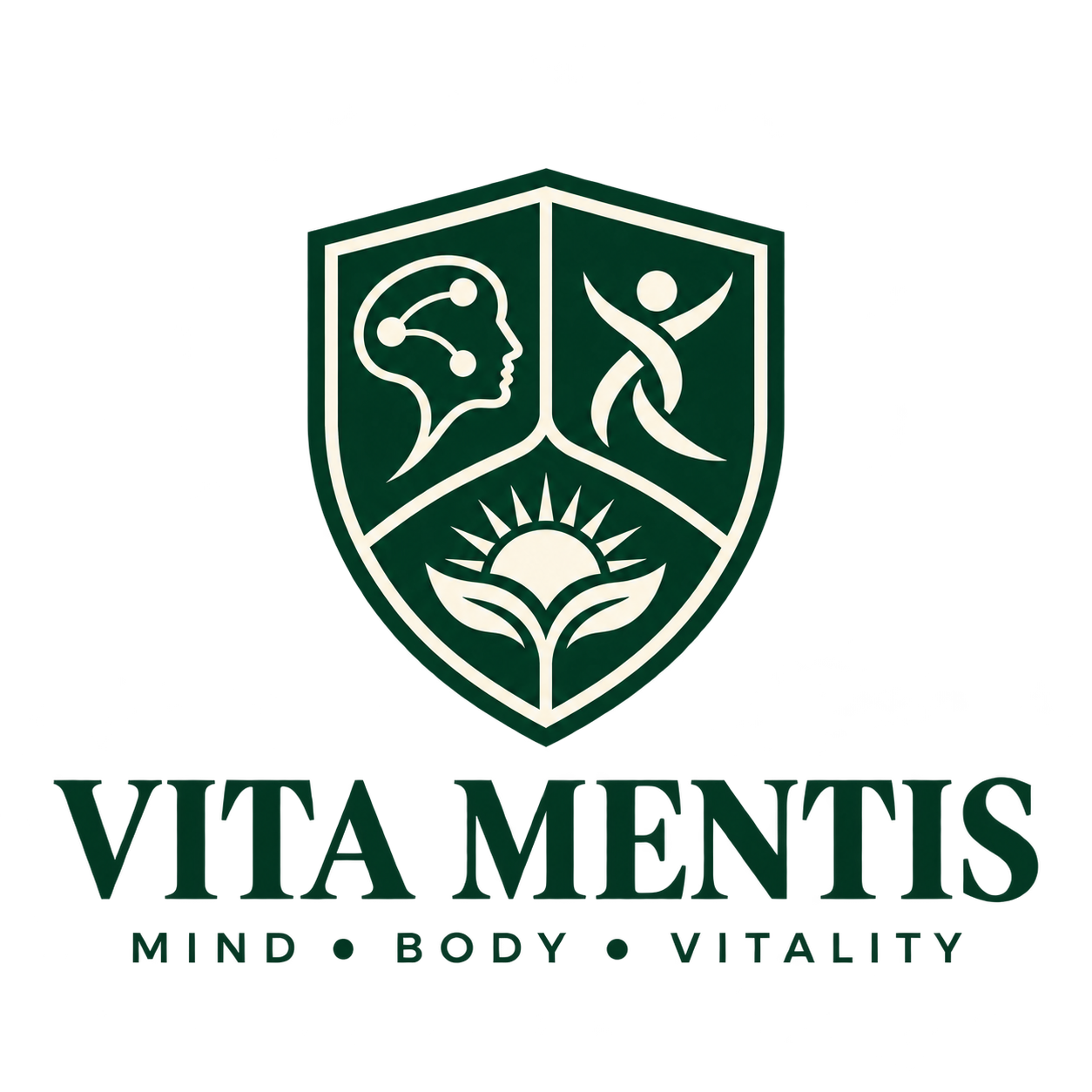 Logotip Vita Mentis: ščit z motivi uma, gibanja in vitalnosti ter napis Mind • Body • Vitality